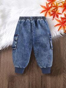 SHEIN Baby Boys' Stonewashed Cargo Pocket Ribbed Hem Loose Fit Blue Denim Jogger Pants,For Baby Boys Fall And Winter Clothes