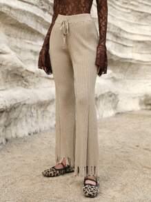 Aveloria High Waisted Belted Wide Leg Ripped Detail Relaxed Fit Women's Knit Pants