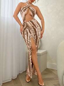 SHEIN SXY Knitted Tie-Dye Striped Print Halter Neck Waist Hollowed-Out Ladies Sexy Dress - Grey - View 3