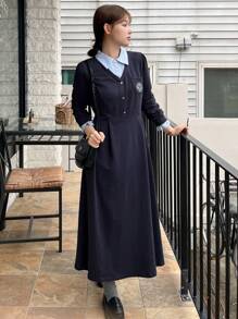DAZY Women's Contrast Color Patchwork Long Dress In College Style Shirt Dress