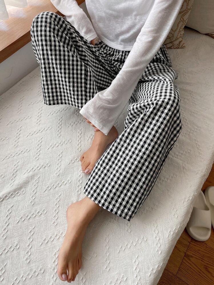 DAZY Pantalones de pijama de ajuste holgado con estampado de cuadros, otoño e invierno - Blanco y Negro - Añade 5