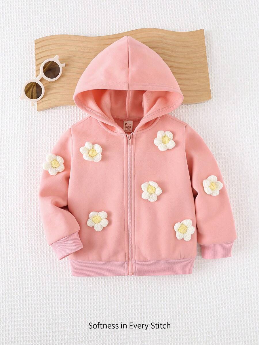 Cozy Pixies Baby Girl Casual Versatile 3D Flower Crew Neck Long Sleeve Cardigan
