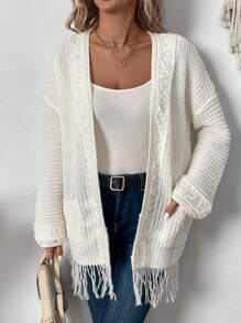 Chiquease Autumn Winter Korean Style Slouchy Tasseled Sweater Cardigan, Mid-Length White Fluffy Thick V-Neck Open Cardigan Suitable For Going Out, Vacation, Party, And Street Wear