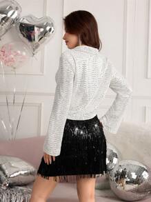 SHEIN 2pcs/Set Teen Girls Luxury Elegant Sequin Short Jacket + Sequin Tassel Mini Skirt - Multicolor - View 2
