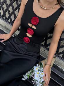 Chiquease 女士花卉印花镂空无袖背心 - 黑色 - 查看 5