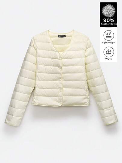 SHEIN EZwear 女士纯色长袖单排扣休闲短款羽绒服，冬季