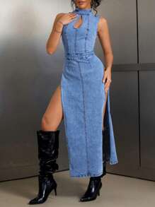 SHEIN SXY Gaun Denim Tanpa Lengan Wanita dengan Leher Berlubang dan Belahan Samping di Bagian Bawah, Seksi - Biru - View 6