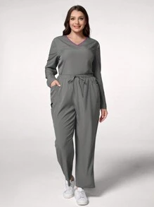 TaskEZ Set de uniforme pentru femei, cu decolteu în V, cu mâneci lungi, cu buzunare, cu top și pantaloni - Gri - Vizualizare 6