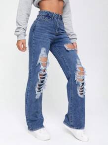 SHEIN EZwear 休闲破洞直筒牛仔裤 - 深色水洗藍 - 查看 4