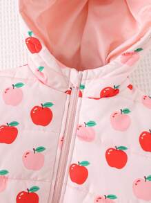 Cozy Pixies 草莓图案长袖连帽厚棉服外套，适合上学、休闲外出、百搭搭配、休闲度假 - 粉色 - 查看 4