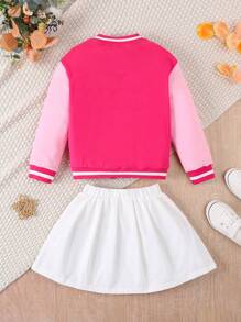 SHEIN Young Girl Spring/Autumn Letter Print Striped Long Sleeve Baseball Jacket And Mini Skirt Casual 2pcs Outfit - Hot Pink - View 2