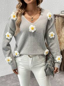 Chiquease Suéter holgado de cuello en V con accesorio decorativo de flor a ganchillo - Gris - Ver 5