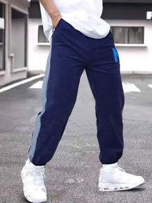 SHEIN Tween Boy Corduroy Casual Letter Embroidered Sweatpants - Navy Blue - View 1