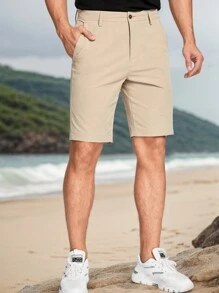 Manfinity Mode Men Zipper Fly Pocket Shorts Plain Casual Shorts, For Husband, Boyfriend Gifts - Khaki - View 3