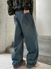 Claim Dot 男士破洞深蓝色复古牛仔宽腿宽松牛仔裤，适合送给丈夫、男朋友的礼物 - 深色水洗藍 - 查看 2