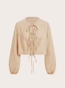 SHEIN Privé 2 件套女士休闲浪漫 V 领灯笼袖衬衫和高腰抽绳裙套装