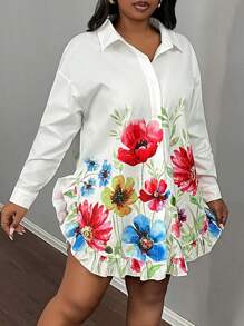 Slaydiva SHEIN Slayr Plus Size Women's Autumn White Ruffle Hem Floral Print Long Sleeve Shirt Dress - White - View 6