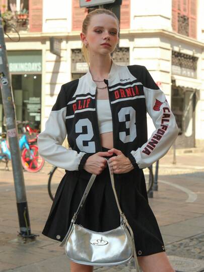 SHEIN 2pcs/Set Teen Girls' Zip-Up Letter Print Contrast Color Jacket & Solid Color Pleated Mini Skirt