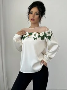 Rafferiza Damen elegante Bluse mit langen Ärmeln und Kontrast-Spitzennetz, Langarm Oberteile - Aprikosenfarben - Übersicht 4