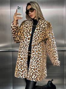 SHEIN LUNE Áo khoác dài tay ve áo họa tiết da báo cho nữ - Nhiều màu - Xem 3