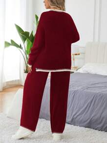 Calvaya 大码女式拼色圆领落肩长袖毛衣和针织裤休闲套装，秋冬新年衣服 - 紅色 - 查看 2