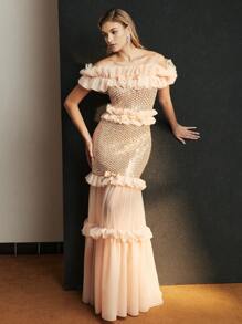 MOTF Soiréza MESH AND SEQUINS OFF SHOULDER RUFFLE TRIM MAXI COCKTAIL DRESS - Apricot - View 3