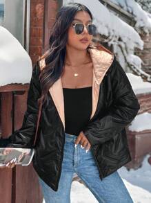 SHEIN LUNE Color Block Hooded Zip-Up Padded Warm Short Padded Coat Plus Size Winter Clothes - Multicolor - View 2