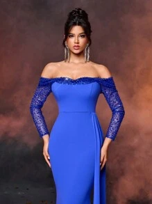 SHEIN Belle Robe de soirée élégante et somptueuse avec mélange de tissu en maille brillante avec sequins bleu royal de luxe. Design avec une seule épaule, manches longues transparentes, forme de poitrine, queue de poisson et ourlet flottant. Idéal pour un événement formel, un bal de promo, un mariage ou un dîner. - Noir - Voir 3
