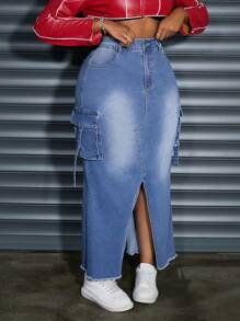 SHEIN SXY 大码女式休闲弹力牛仔工装裙，带口袋和开衩下摆 - 中等水洗藍 - 查看 5