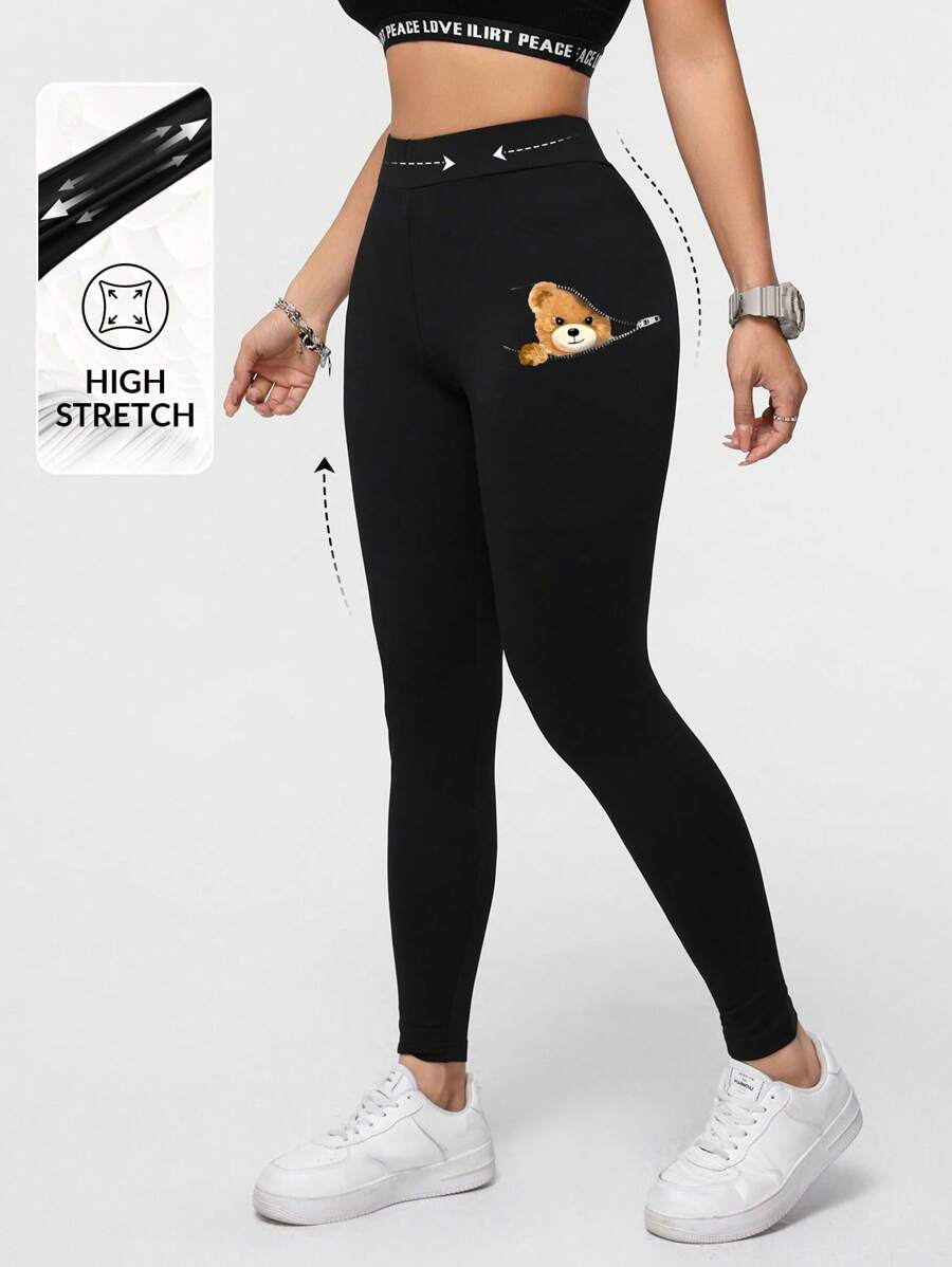 SHEIN Essnce 可爱熊印花紧身裤，黑色紧身裤，女士休闲运动针织紧身裤，长款 - 黑色 - 查看 1