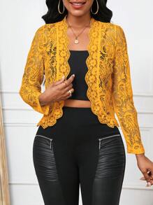 SHEIN Lady Chaqueta elegante y casual de encaje con ribete de volantes para ir al trabajo, otoño - Amarillo - Ver 3