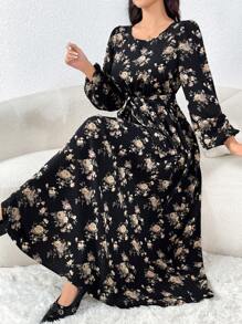 Seusyu Floral Print Lantern Sleeve Cinched Waist Waist Dress