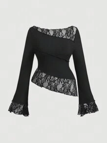SHEIN MOD 大码优雅黑色不对称蕾丝拼布透明 T 恤 - 黑色 - 查看 1