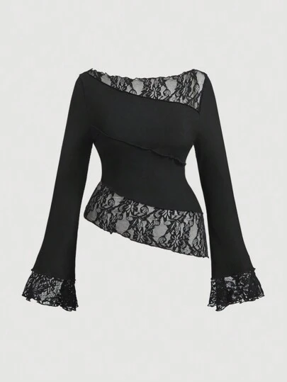 SHEIN MOD Plus Size Elegant Black Asymmetric Lace Patchwork Sheer T-Shirt