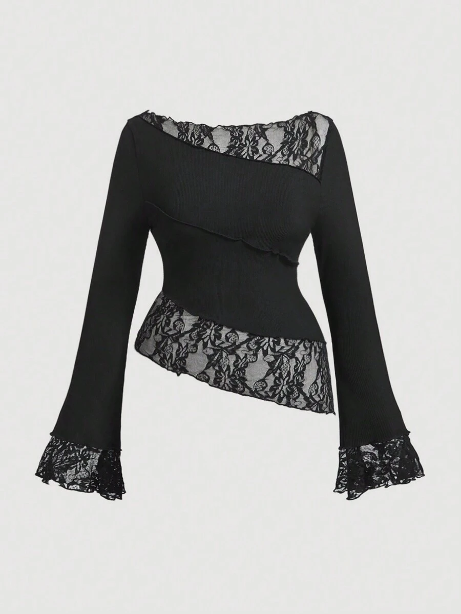 SHEIN MOD 大码优雅黑色不对称蕾丝拼布透明 T 恤 - 黑色 - 查看 1