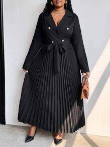 Maweii Đầm Maxi Tay Dài Thanh Lịch Có Thắt Lưng Màu Trơn Cỡ Lớn, Hai Hàng Khuy, Xếp Ly, Trang Phục Nữ - màu đen - Xem 1