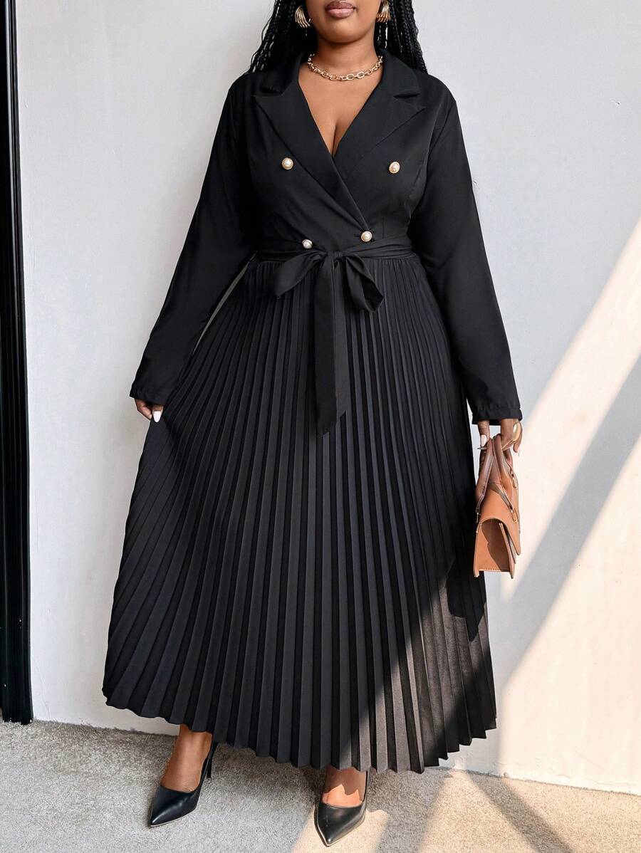 Maweii Đầm Maxi Tay Dài Thanh Lịch Có Thắt Lưng Màu Trơn Cỡ Lớn, Hai Hàng Khuy, Xếp Ly, Trang Phục Nữ - màu đen - Xem 1