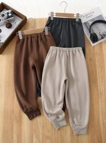 SHEIN Leap Crew 3pcs Young Boy Casual Cute Daily Comfortable Loose Khaki Brown Gray Triplet Drawstring Sweatpants Outfit, Buy 2 Get 1 Free, Suitable For Travel, School, Gatherings, Autumn-Winter - Multicolor - View 2