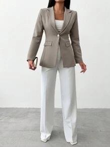 EURMUSE Women's Solid Color Single-Button Elegant Long Sleeve Blazer - Light Grey - View 4