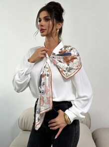 SHEIN Privé Women's Silk Scarf Print Decorative Tie Elegant Slim Fit White Blouse