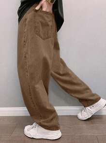 Claim Dot 男式宽松斜口袋直筒牛仔裤 - 駝色 - 查看 6