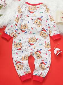 这款男婴连体衣采用狮子印花图案，并饰以圣诞彩灯，充满趣味和节日元素，独特的设计散发着浓浓的圣诞欢乐气氛，是庆祝圣诞节和日常穿着的理想之选。