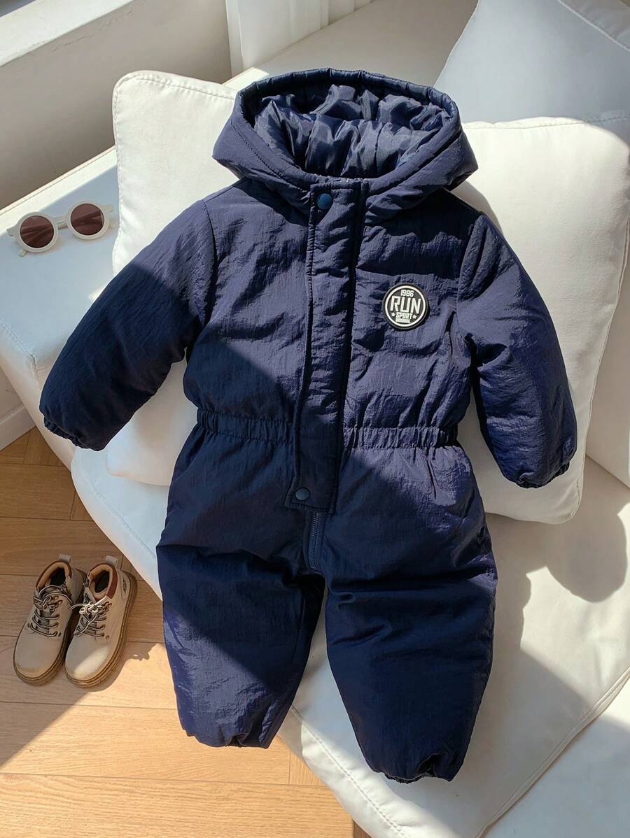 SHEIN 新生儿男/女宝宝可爱保暖字母印花加厚连帽连体衣套装,适合秋冬季户外活动、滑雪 - 彩色 - 查看 1