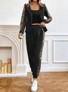 SHEIN Privé Bộ quần nỉ và áo hoodie in họa tiết da báo phong cách thể thao giản dị dành cho nữ - Nhiều màu - Xem 1