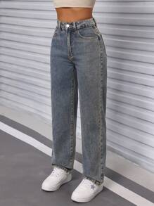 SHEIN PETITE 女士休闲秋季斜口袋直筒牛仔裤 - 中等水洗藍 - 查看 6