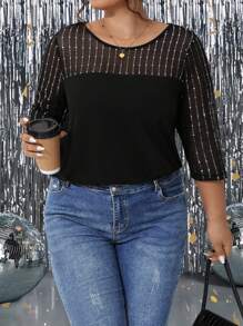 SHEIN CURVE+ 大码女式 3/4 袖亮片拼接黑色 T 恤，春夏 - 黑色 - 查看 4