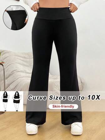 SHEIN CURVE+ Plusstorlek hög midja utsvängda elastiska fritidsbyxor, höst kvinnor kläder höst/vinter skinnbyxor, leopard byxor