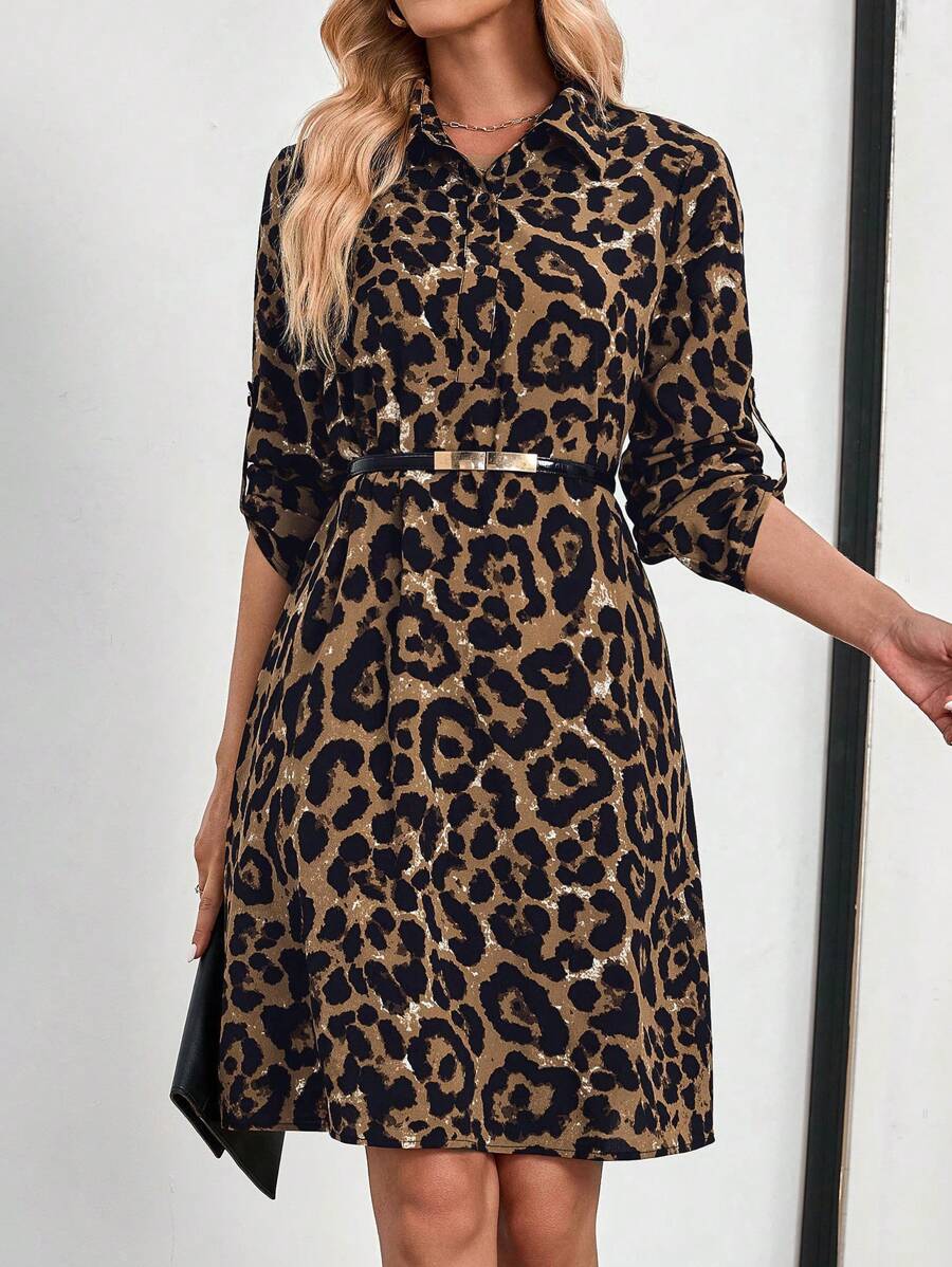 EMERY ROSE 女士豹纹卷袖半扣前开襟衬衫式连衣裙 - 彩色 - 查看 1