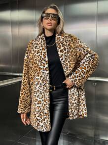 SHEIN LUNE Áo khoác dài tay ve áo họa tiết da báo cho nữ - Nhiều màu - Xem 4