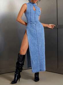 SHEIN SXY Gaun Denim Tanpa Lengan Wanita dengan Leher Berlubang dan Belahan Samping di Bagian Bawah, Seksi - Biru - View 5